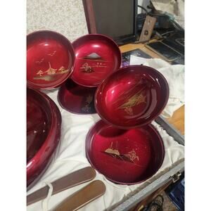 Vintage Japanese Salad Bowl Set Oxblood Red Lacquer Gold Inserts 9 Pieces AIZU